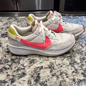 Nike Women's Waffle Debut Sneakers in White, Pink, and Lime